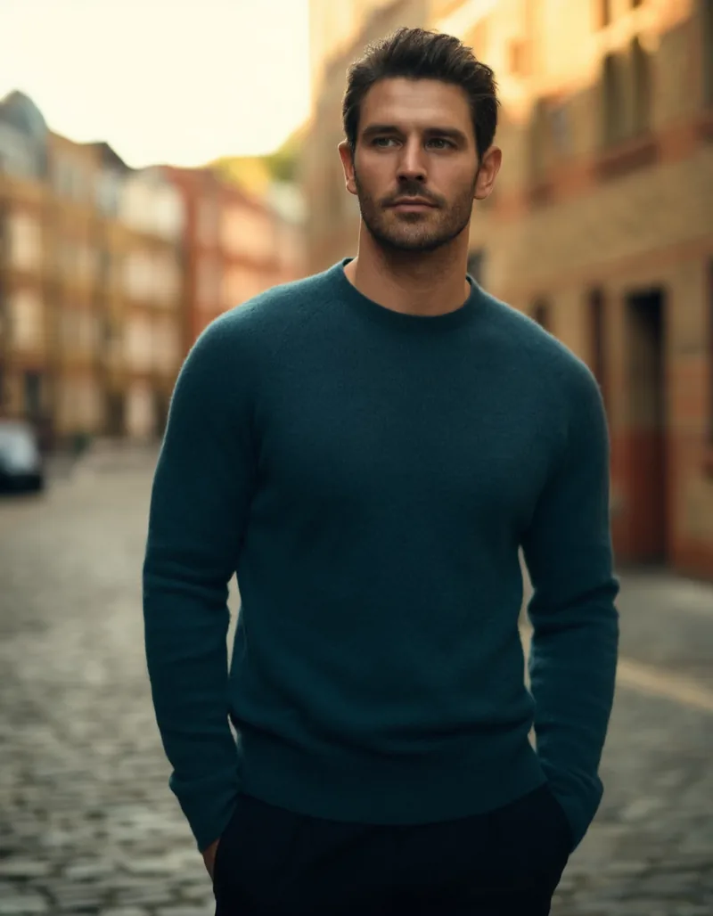 A man in a deep teal fine merino crew neck on a cobbled street in warm evening light